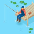 Isometric vector vacation on the lake. Pier on the lake, river, pond. sitt Royalty Free Stock Photo